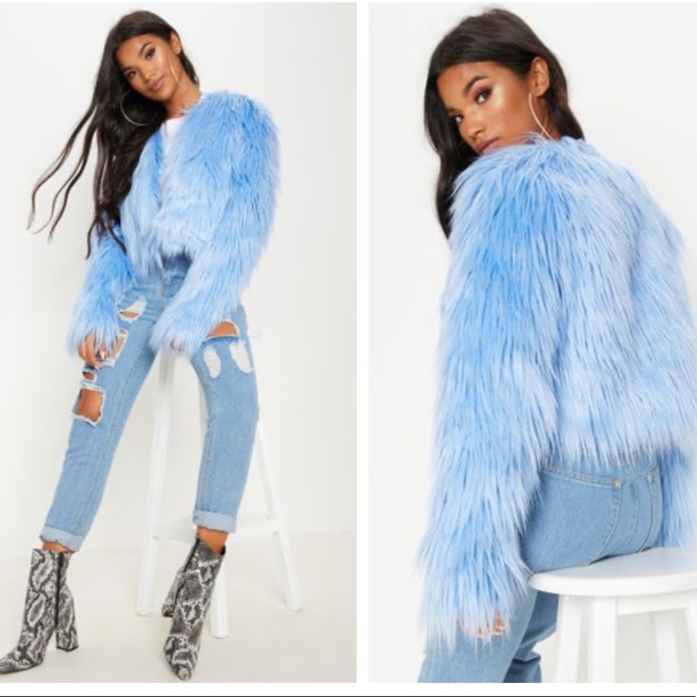 Blue Cropped Shaggy Faux Fur Jacket